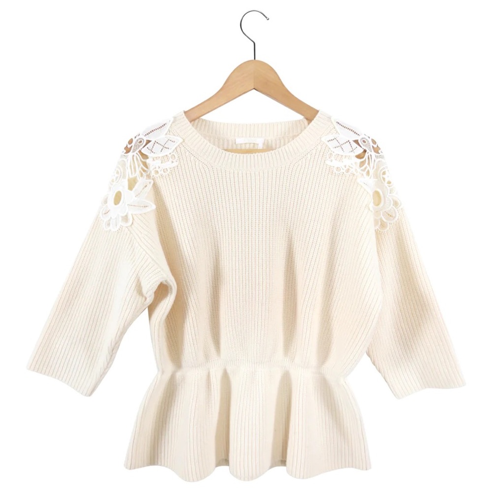 Chloe Cream Knit Lace Trim Peplum Sweater